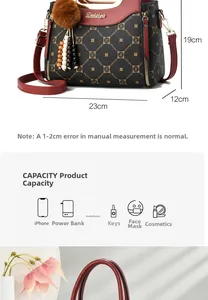 Detail view of brown monogram handbag with red trim and dimensions 23cm x 19cm x 12cm