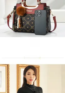 Detailed comparison showing the lady's shoulder bag size next to a smartphone