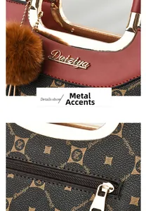 Detail of elegant gold hardware, red leather trim and textured logo print on handbag