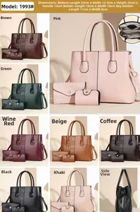 Detailed size specifications for women's handbag set showing main bag and wallet dimensions