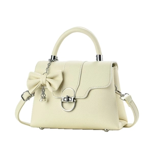 Vintage cream white lychee leather tote bag with silver hardware and pearl bow charm
