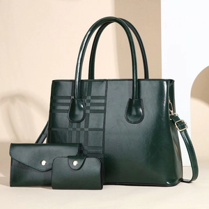 Deep green 3-piece bag set with striped tote bag, wallet and card holder for women