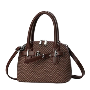 Vintage brown herringbone pattern boston bag with top handles and adjustable shoulder strap