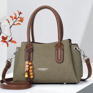 Olive green olive fashion tote bag with leather straps and decorative wooden beads