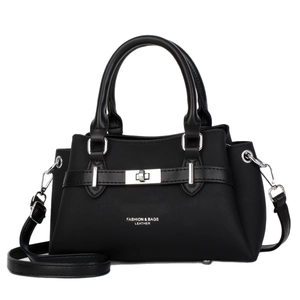 Classic black leather handbag with top handles and adjustable shoulder strap on white background
