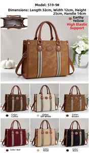 Detailed view of large capacity tote bag with striped straps and textured leather dimensions