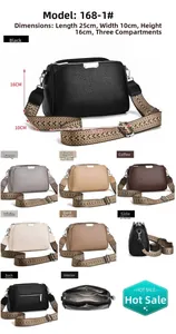 Three-compartment leather shoulder bag with dimensions 25x10x16cm and textured strap