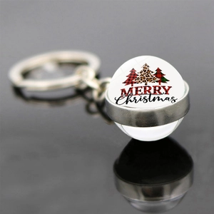 Christmas Party Keychain Pendant Plaid Reindeer Glass Ball Double Sided Zinc Alloy Key Ring Festive Ornament Xmas Gift For Unisex