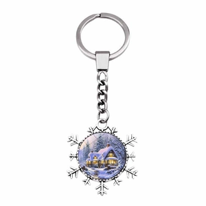 Silver snowflake keychain with scenic winter snow cabin glass cabochon pendant