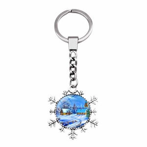 Zinc Alloy Snowflake Keychain With Winter Snow Scene Glass Cabochon Snowy Cabin Christmas Tree Pattern Festive Keyring Charm Gift