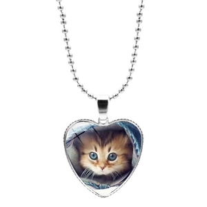 Collier Pendentif Cœur Motif Chat Mignon Alliage Verre Chaîne À Billes Argentée Bijoux De Mode Pour Femmes