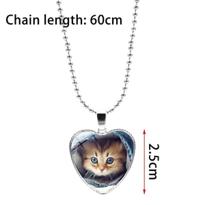 Collier pendentif coeur chat mignon avec chaîne à billes argentée de 60cm