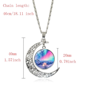 Silver hollow moon pendant necklace featuring aurora borealis glass stone, 46cm chain