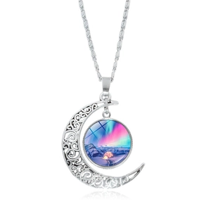 Silver Plated Hollow Crescent Moon Pendant Necklace Northern Lights Aurora Glass Gemstone Fashion Jewelry Gift For Women
