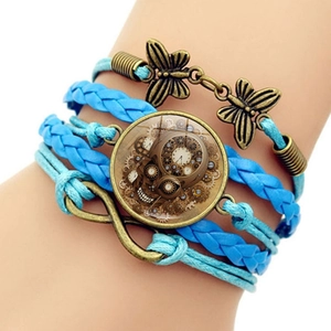 Steampunk multilayer leather bracelet with skull clock pendant and bronze butterfly charms