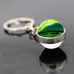 Double-sided Northern Lights glass ball keychain with silver metal ring and chain