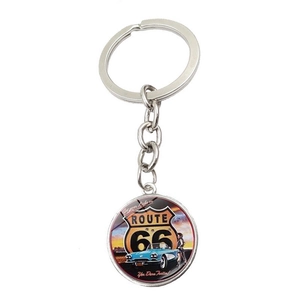 Porte-clés vintage Route 66 avec pendentif voiture de sport bleue et anneau en métal