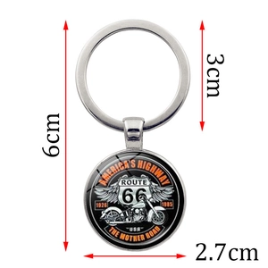 Porte-clés Route 66 en verre et alliage avec motif moto rétro et anneau de 3cm