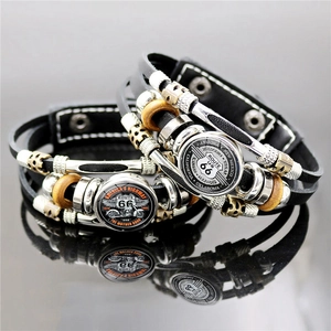 Bracelet en Cuir Multi-couches Rétro Punk Route 66 Pour Hommes Femmes Alliage Verre Bouclier Logo Moto Vintage Biker Bijoux
