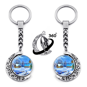 Porte-clés Lune Rotatif Scène de Neige Noël Pendentif Verre Alliage de Zinc Double Face Maison Hiver Cadeau Argent