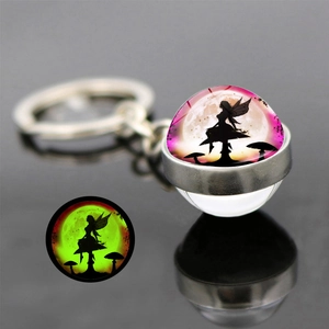 Luminous butterfly fairy keychain with glowing glass ball and silver metal ring