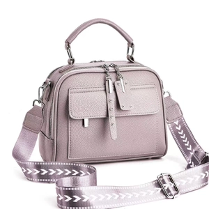 Purple faux leather crossbody bag with wide printed strap and silver dual zippers