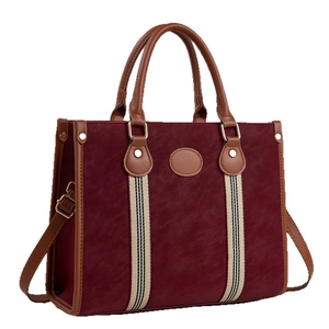 Retro burgundy lychee textured tote bag with contrast trim and striped canvas webbing