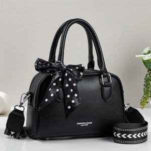 Fashion PU Leather Handbag For Women Lychee Pattern Boston Bag With Wide Strap And Satin Scarf Decor