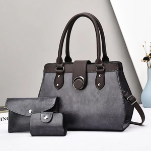 Three-piece women's handbag set in dark grey and brown matte faux leather for office use