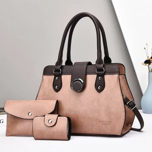 Three-piece handbag set with large tote, wallet and card holder in pink and brown