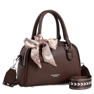 Brown lychee leather Boston handbag with silk scarf handle and wide geometric strap