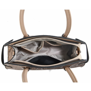 Interior view of brown shoulder bag showing multiple compartments and grey twill lining