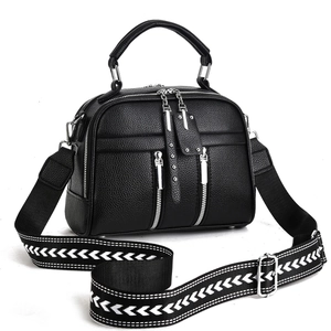 Women Fashion PU Leather Handbag Large Capacity Crossbody Bag With Wide Geometric Strap Lychee Texture Shoulder Bag