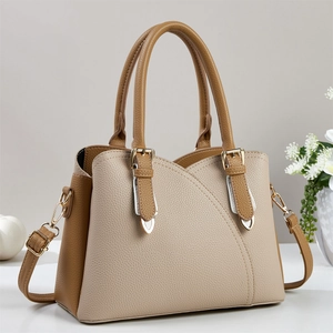 Chic two-tone khaki and brown litchi pattern handbag with gold-tone hardware and strap