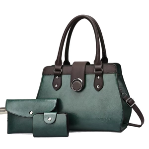 Three-piece dark green and brown leather handbag set including tote and wallet