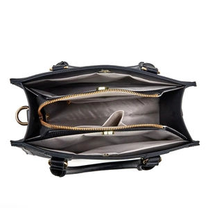 Top view of large tote bag showing three compartments with gold zipper and herringbone lining