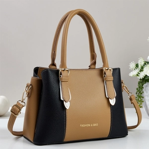 Women Fashion Color Block Litchi Grain PU Leather Handbag Large Capacity Commuter Tote Bag With Detachable Shoulder Strap