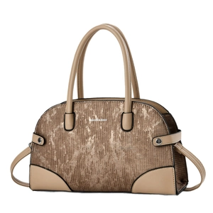 Retro khaki leather Boston bag with brown striped fabric panels and fashion lettering