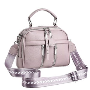 Pink pebbled leather crossbody bag with jacquard strap and silver zipper accents