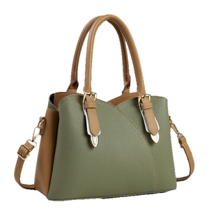 Green and brown contrast leather tote bag with lychee texture and gold metal hardware