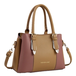 Minimalist color-block leather tote bag for women with top handle and shoulder strap
