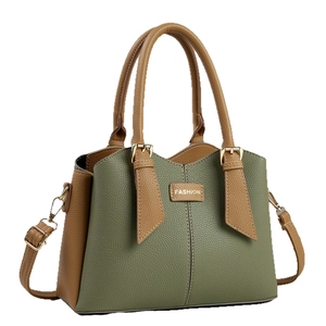 Litchi pattern green and brown leather tote handbag with detachable shoulder strap