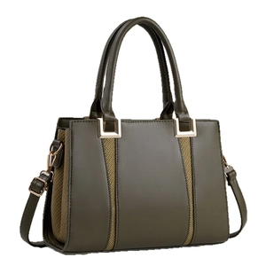 Deep green structured tote bag in matte synthetic leather and fabric mesh with gold hardware