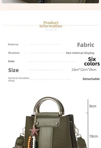 Detail view of a dark green fabric handbag showing size 23cm x 12cm x 19cm and star charm