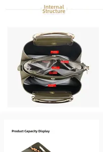 Detail of olive green handbag featuring multiple internal compartments and golden rings