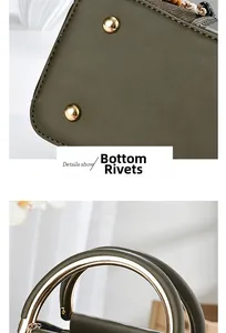 Detail view of olive green textured leather bag showing gold bottom rivets and handle