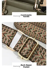 Detail of dark green leather handle and ethnic style woven strap with golden hardware