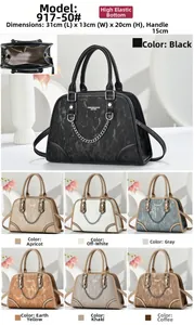 Detail view of stylish handbag with chain and logo in seven different color options