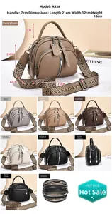 Detailed view of multi-compartment leather handbag with dimensions and color options
