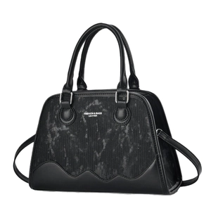 Chic black wave-stitched crossbody handbag for women with white fashion typography